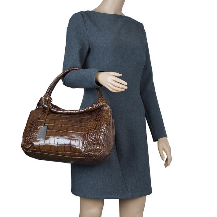 Pre Owned Furla Brown Croc Embossed Leather Hobo