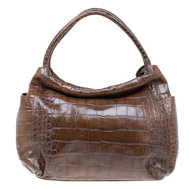 Pre Owned Furla Brown Croc Embossed Leather Hobo