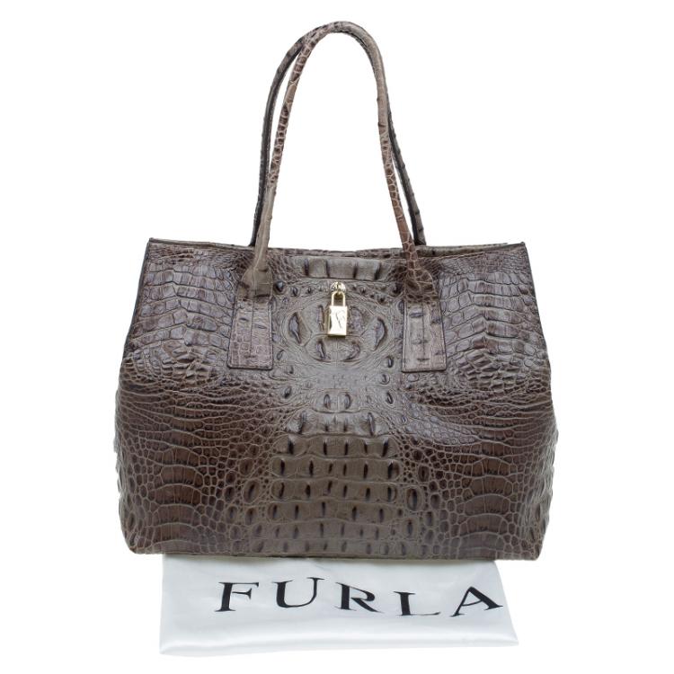Pre Owned Furla Brown Croc Embossed Leather Onyx Tote