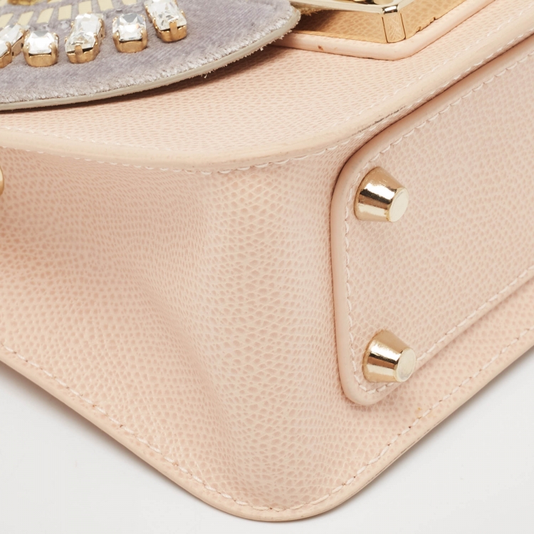 Pre Owned Furla Peach/Grey Leather and Velvet Crystal Embellished Mini Metropolis Crossbody Bag