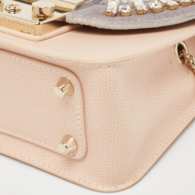 Pre Owned Furla Peach/Grey Leather and Velvet Crystal Embellished Mini Metropolis Crossbody Bag