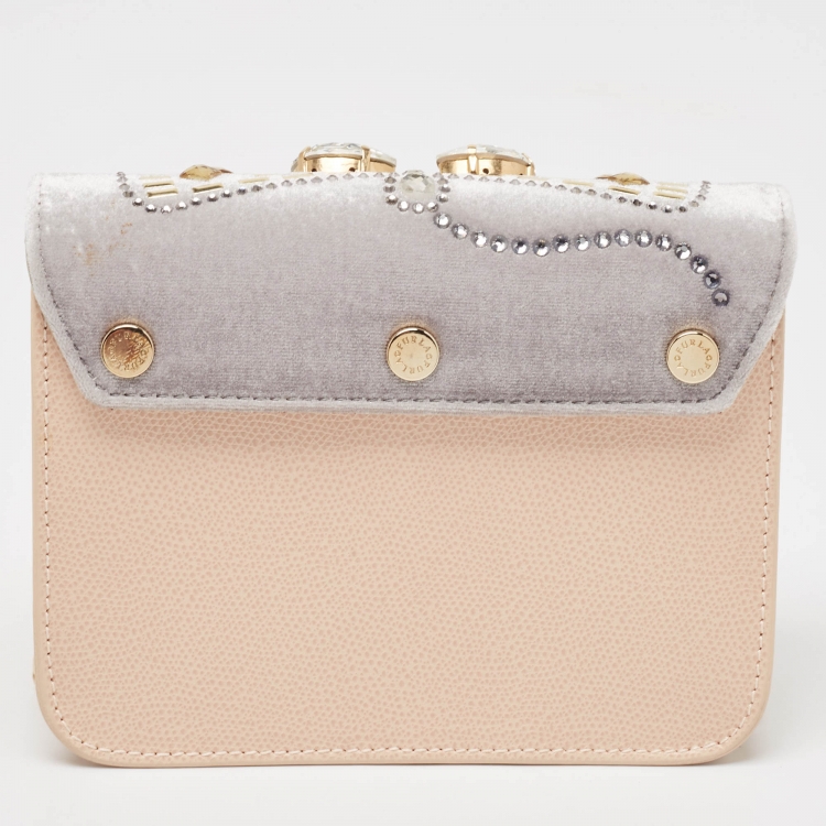 Pre Owned Furla Peach/Grey Leather and Velvet Crystal Embellished Mini Metropolis Crossbody Bag