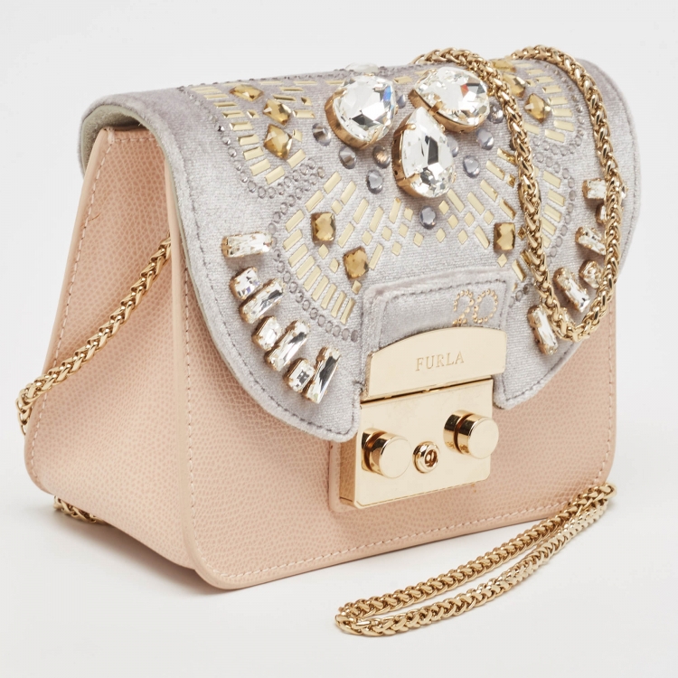 Pre Owned Furla Peach/Grey Leather and Velvet Crystal Embellished Mini Metropolis Crossbody Bag