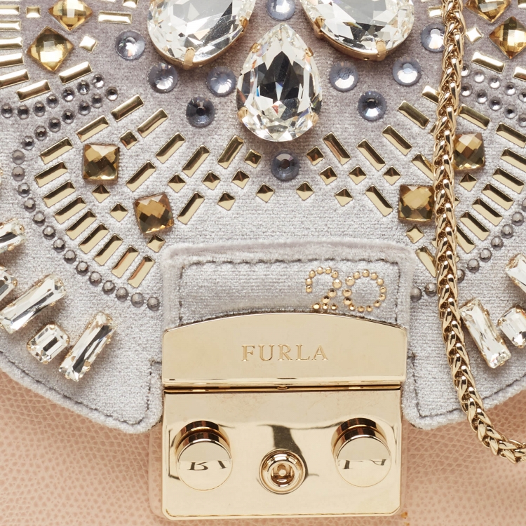 Pre Owned Furla Peach/Grey Leather and Velvet Crystal Embellished Mini Metropolis Crossbody Bag