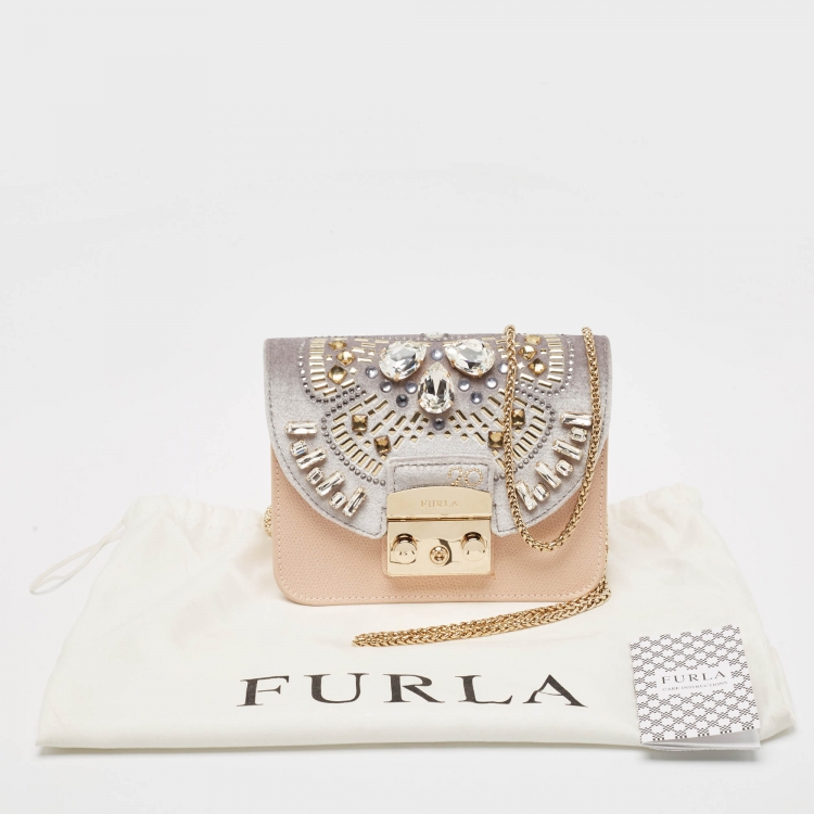 Pre Owned Furla Peach/Grey Leather and Velvet Crystal Embellished Mini Metropolis Crossbody Bag