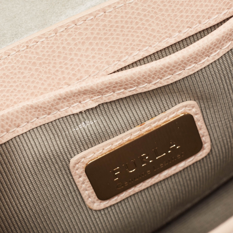 Pre Owned Furla Peach/Grey Leather and Velvet Crystal Embellished Mini Metropolis Crossbody Bag