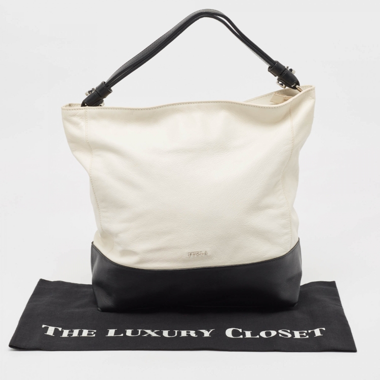Pre Owned Furla White/Black Leather Hobo