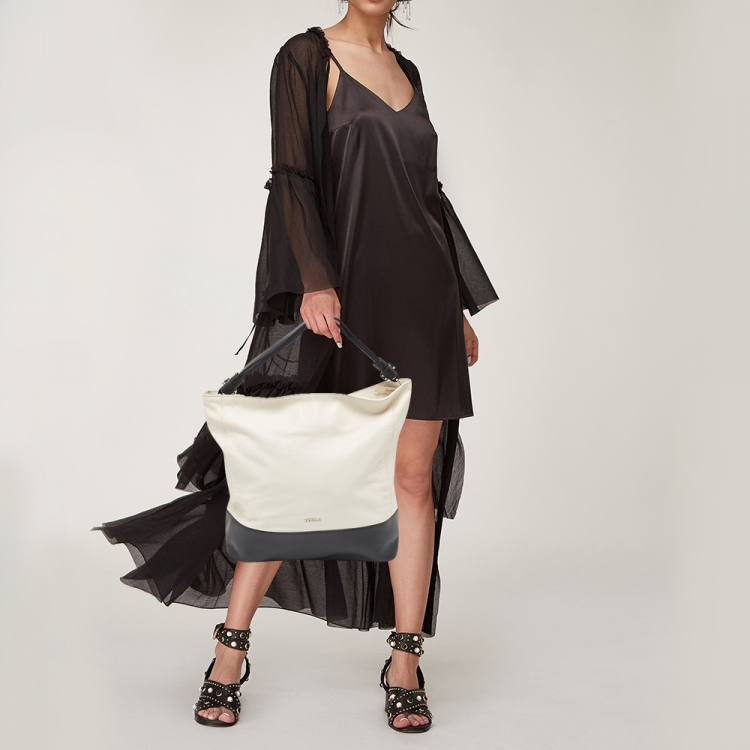 Pre Owned Furla White/Black Leather Hobo