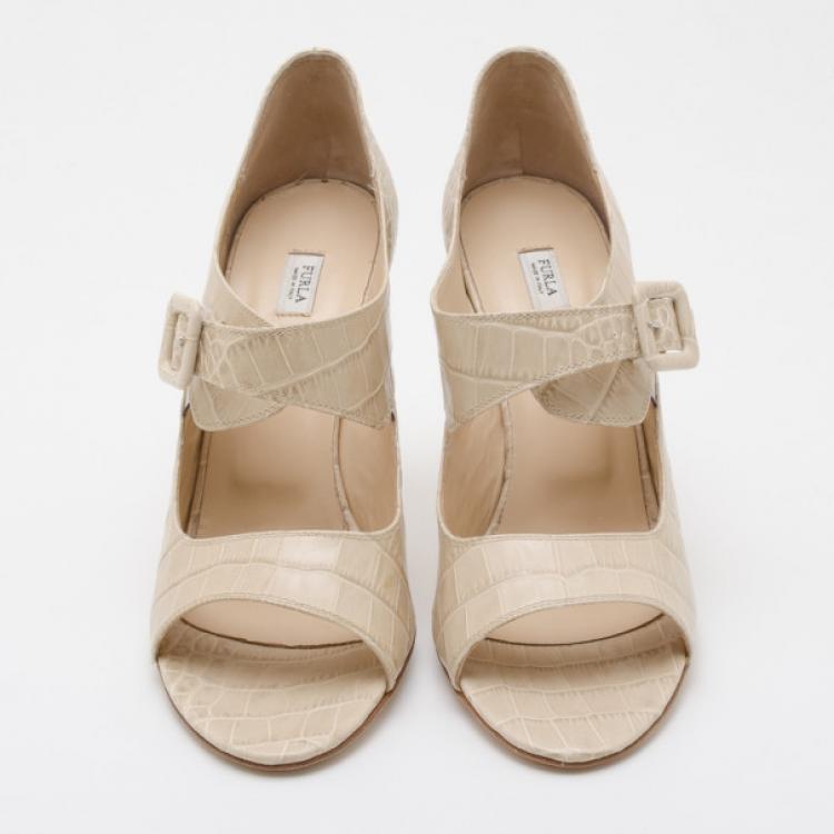 Pre Owned Furla Nude Embossed Open Toe Heels Size 40