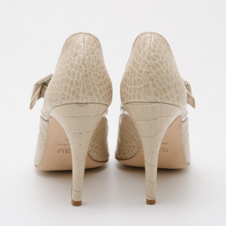 Pre Owned Furla Nude Embossed Open Toe Heels Size 40