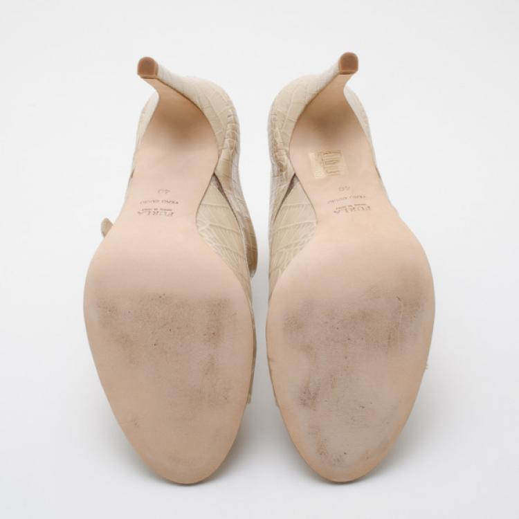 Pre Owned Furla Nude Embossed Open Toe Heels Size 40