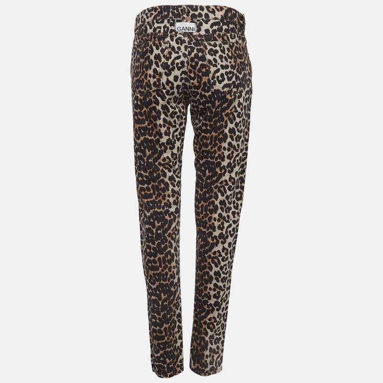 Pre Owned Ganni Brown Leopard Print Denim Trousers L Waist 31"
