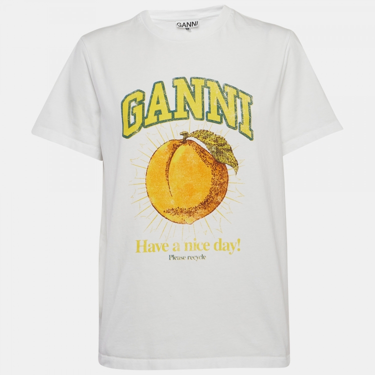 Pre Owned Ganni White Jersey Peach Print Relaxed T-Shirt M