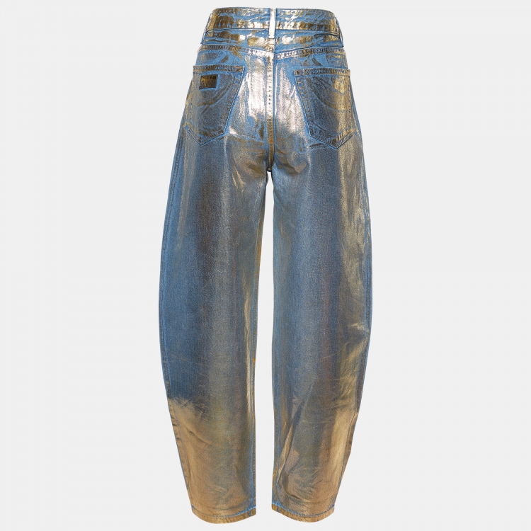 Pre Owned Ganni Gold Foiled Denim Stary High Waist Jeans M/Waist 30"