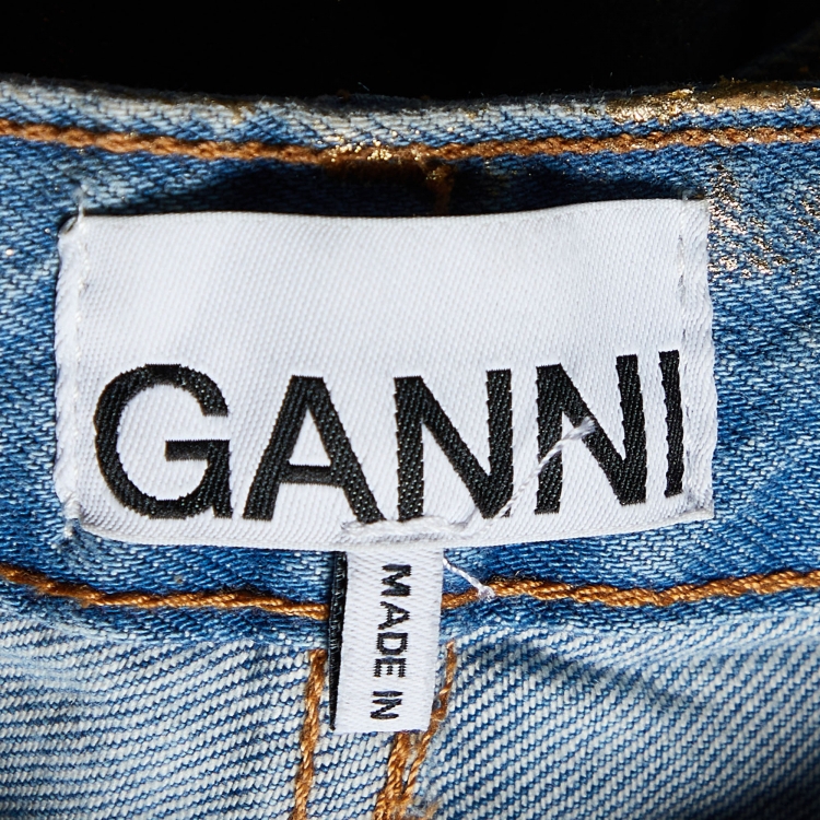 Pre Owned Ganni Gold Foiled Denim Stary High Waist Jeans M/Waist 30"