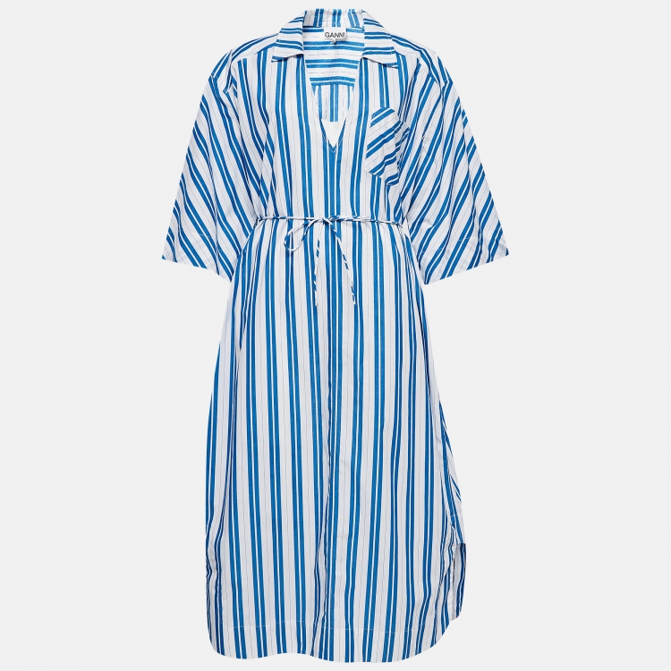 Pre Owned Ganni White/ Blue Striped Organic Cotton Wait Tie Shirt Dress L