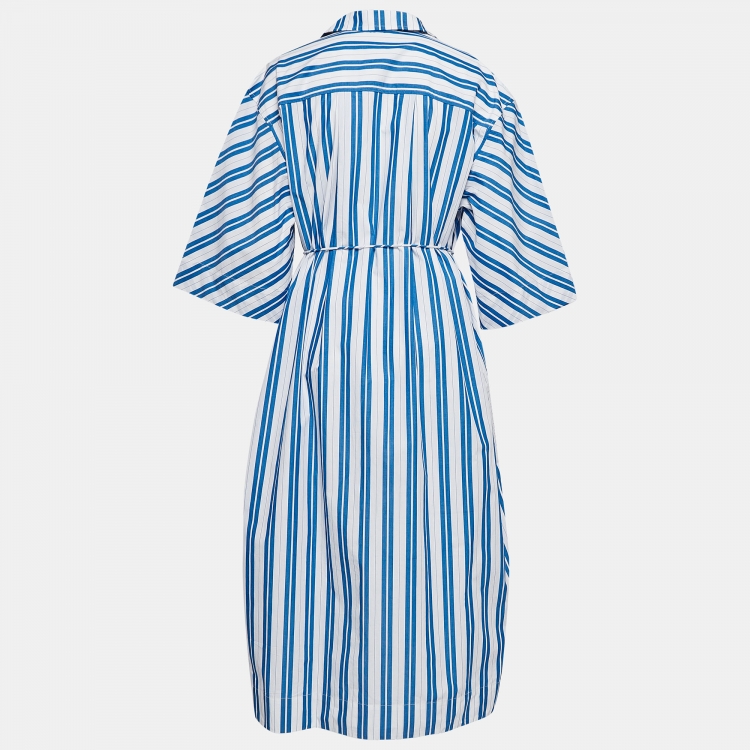 Pre Owned Ganni White/ Blue Striped Organic Cotton Wait Tie Shirt Dress L
