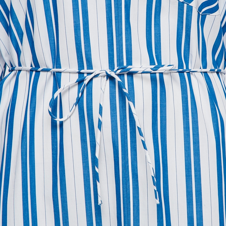 Pre Owned Ganni White/ Blue Striped Organic Cotton Wait Tie Shirt Dress L