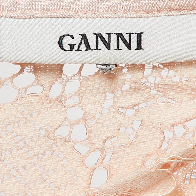 Pre Owned Ganni Light Orange Lace Short Sleeve Maxi Dress S