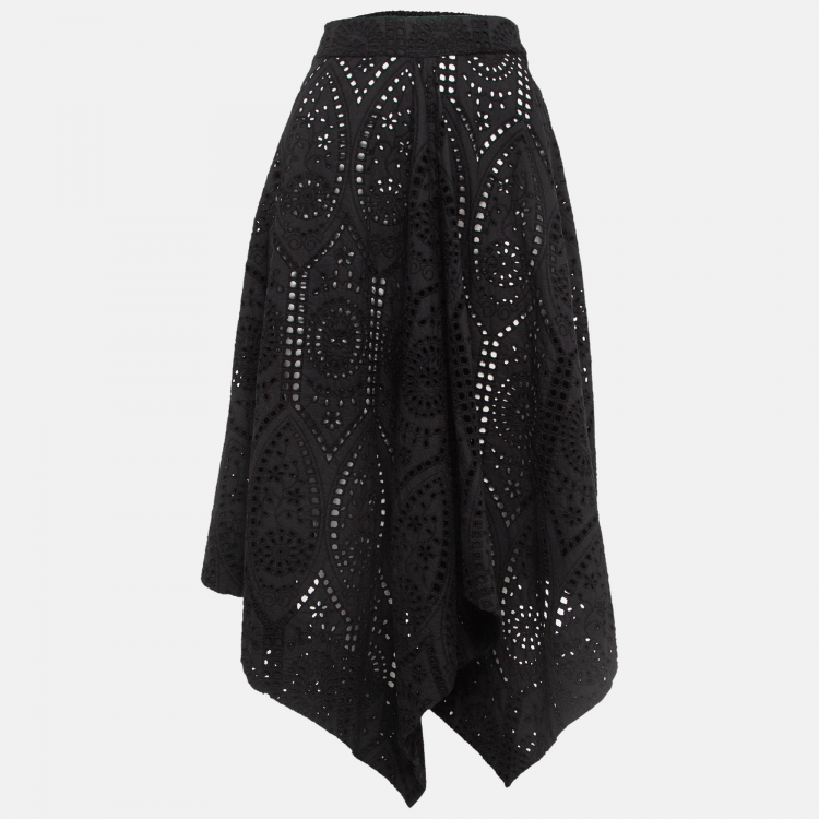 Pre Owned Ganni Black Cotton Broderie Anglaise Asymmetric Midi Skirt S