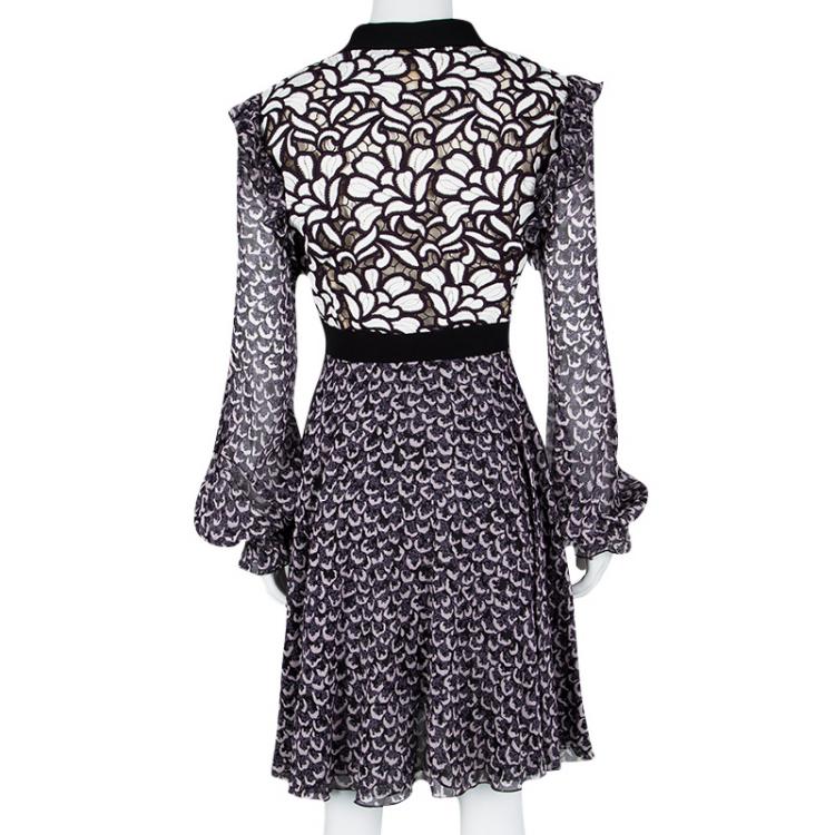 Pre Owned Giambattista Valli Black Printed Silk Georgette Floral Embroidered Ruffled Dress XL