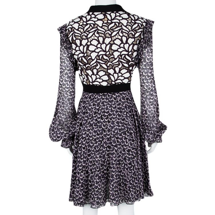 Pre Owned Giambattista Valli Black Printed Silk Georgette Floral Embroidered Ruffled Dress L