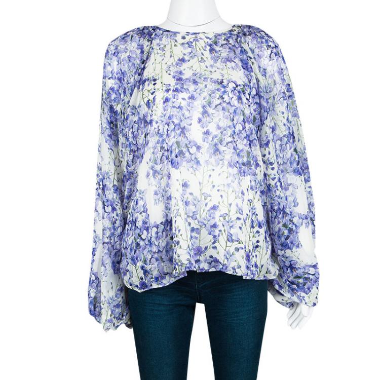 Pre Owned Giambattista Valli White Floral Print Silk Long Sleeve Blouse XL