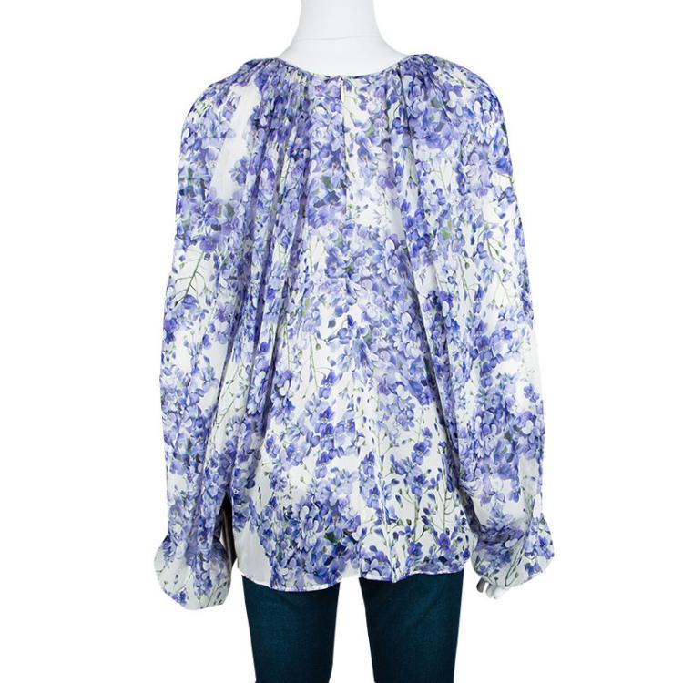 Pre Owned Giambattista Valli White Floral Print Silk Long Sleeve Blouse XL