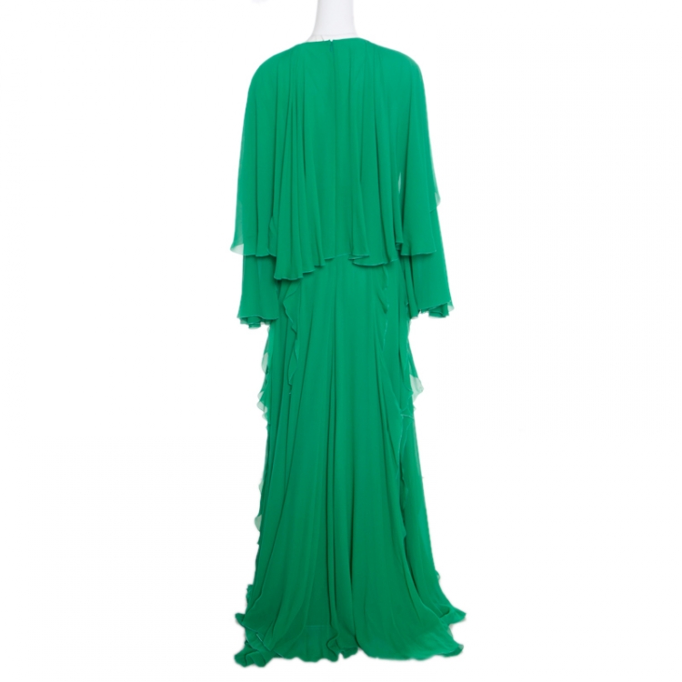 Pre Owned Giambattista Valli Kelly Green Silk Ruffled Tiered Sleeve Evening Gown XL