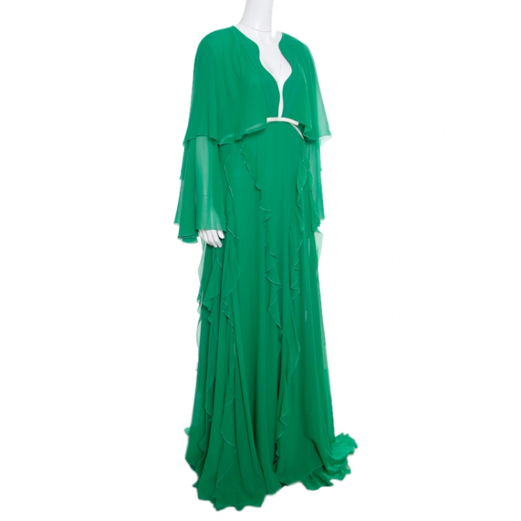 Pre Owned Giambattista Valli Kelly Green Silk Ruffled Tiered Sleeve Evening Gown XL