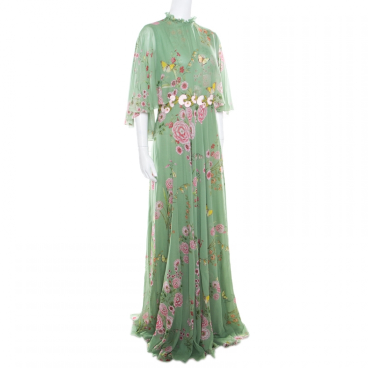Pre Owned Giambattista Valli Fern Green Floral Printed Silk Cape Style Gown L