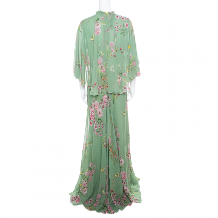 Pre Owned Giambattista Valli Fern Green Floral Printed Silk Cape Style Gown L
