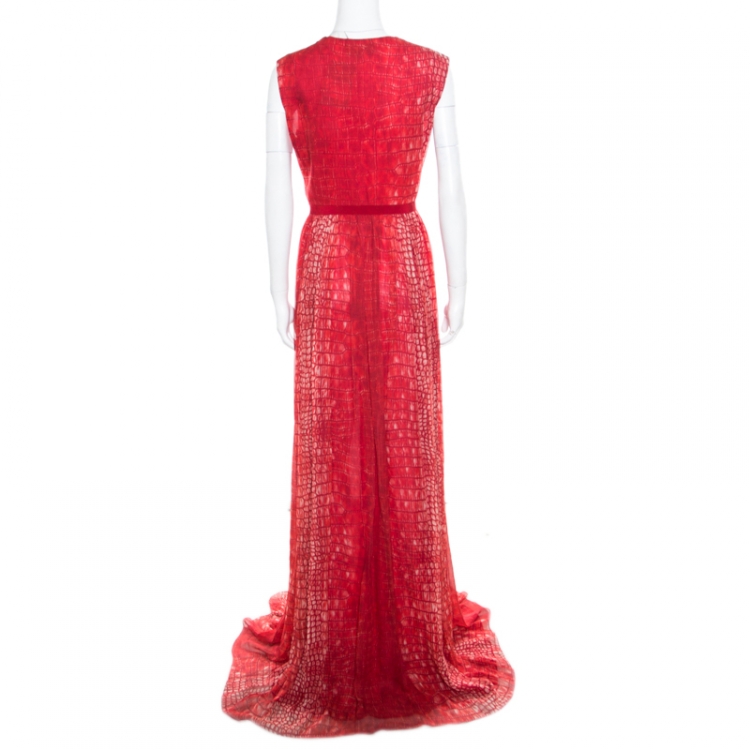 Pre Owned Giambattista Valli Red Crocodile Skin Printed Silk Sleeveless Cocktail Gown L