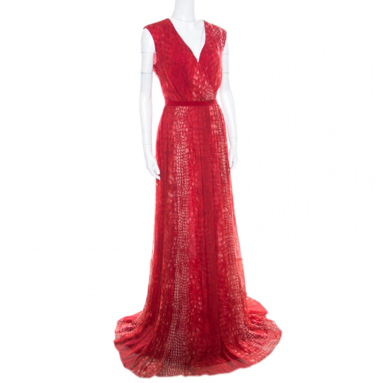 Pre Owned Giambattista Valli Red Crocodile Skin Printed Silk Sleeveless Cocktail Gown L