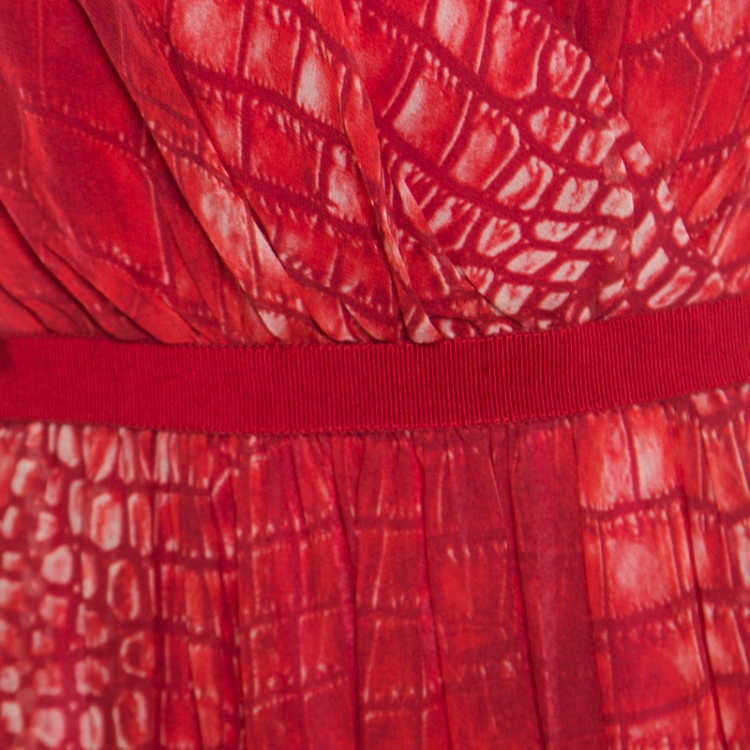 Pre Owned Giambattista Valli Red Crocodile Skin Printed Silk Sleeveless Cocktail Gown L