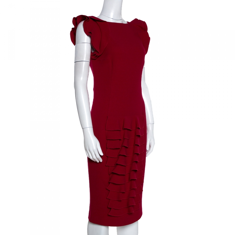 Pre Owned Giambattista Valli Red Crepe Wool Ruffled Detail Pencil Dress S