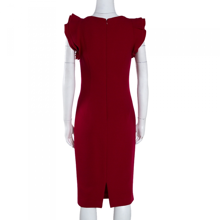 Pre Owned Giambattista Valli Red Crepe Wool Ruffled Detail Pencil Dress S