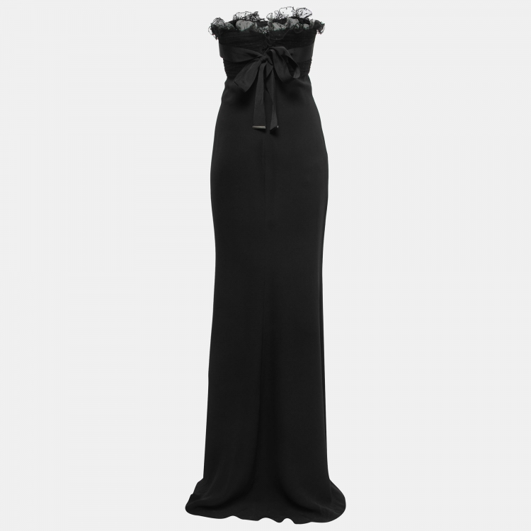 Pre Owned Giambattista Valli Black Crepe Silk Tulle Ruffled Bodice Strapless Gown XS