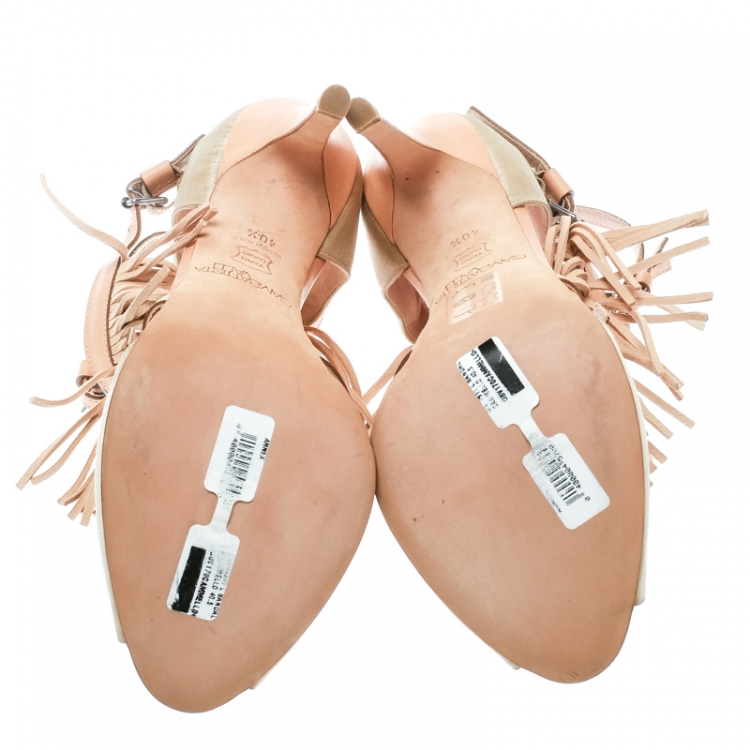 Pre Owned Giambattista Valli Beige Satin/Leather Trim Fringe Ankle Strap Sandals Size 40.5