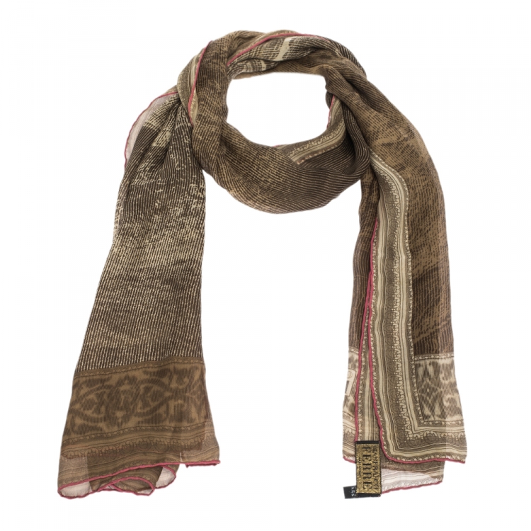 Pre Owned Gianfranco Ferre Brown Abstract Printed Silk Scarf