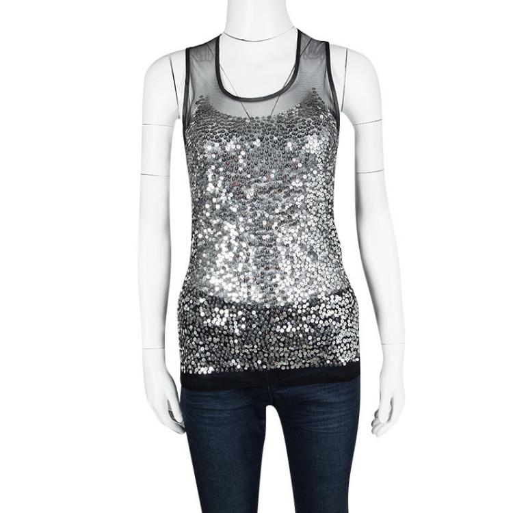 Pre Owned Gianfranco Ferre Sequin Embellished Sheer Front Sleeveless Tank Top S