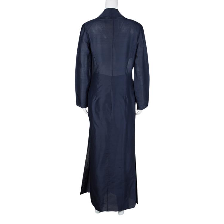 Pre Owned Gianfranco Ferre Vintage Navy Blue Silk Long Coat and Trousers Set M