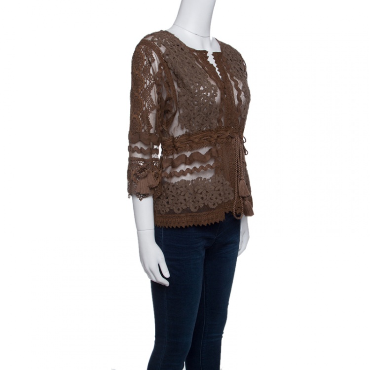 Pre Owned Gianfranco Ferre  Brown Lace Tassel Tie Detail Jacket M