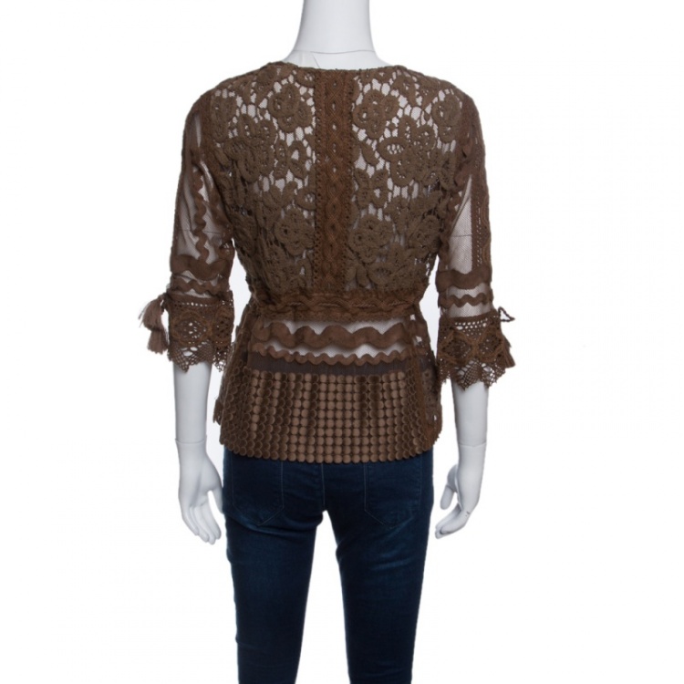 Pre Owned Gianfranco Ferre  Brown Lace Tassel Tie Detail Jacket M