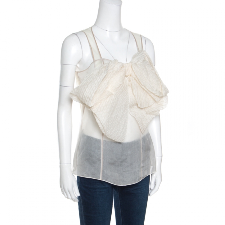 Pre Owned Gianfranco Ferre Cream Sheer Silk Paneled Bow Front Sleeveless Top M