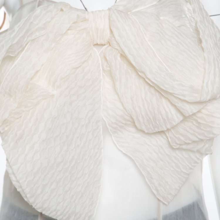 Pre Owned Gianfranco Ferre Cream Sheer Silk Paneled Bow Front Sleeveless Top M
