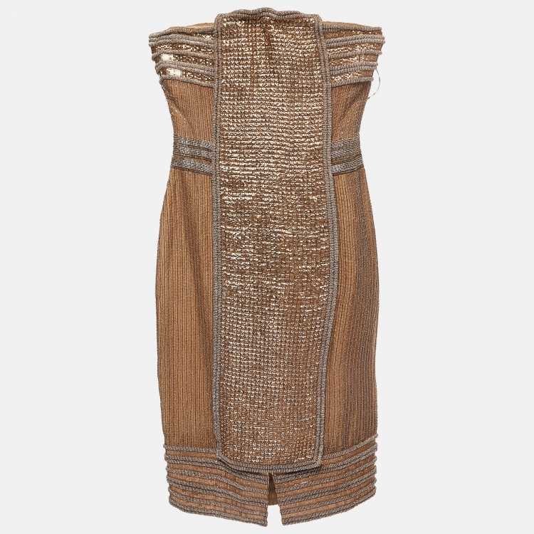 Pre Owned Gianfranco Ferre Gold Embellished Silk Corset Mini Dress S