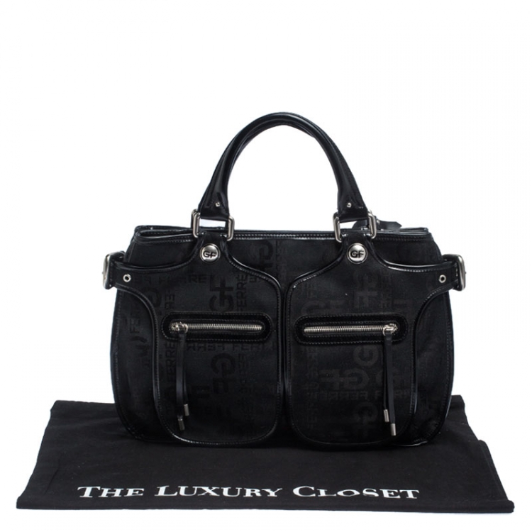 Pre Owned GF Ferre Black Signature Canvas and Leather Hobo