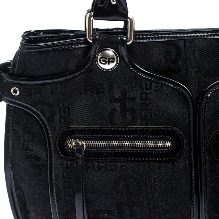 Pre Owned GF Ferre Black Signature Canvas and Leather Hobo