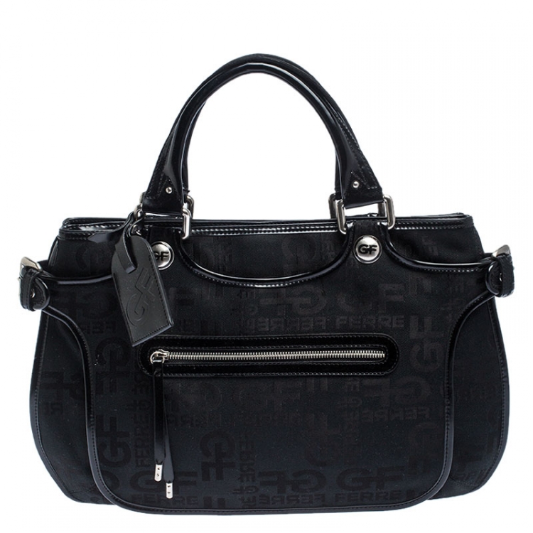 Pre Owned GF Ferre Black Signature Canvas and Leather Hobo